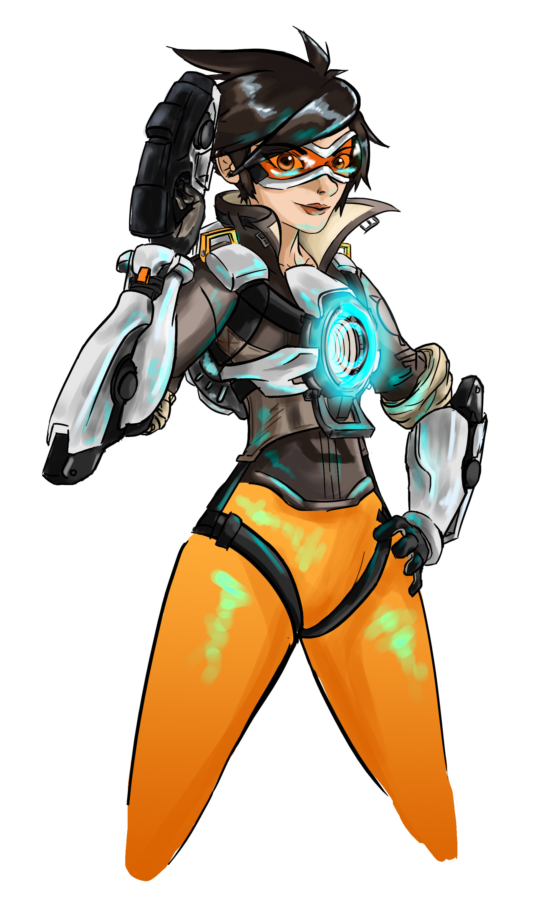 KREA - portrait of Tracer from Overwatch, centered, face forwards,  professional, digital art, 2d, stylized, beautiful, colorful, clean and  simple, warm lighting, Krita, Artstation, Pinterest