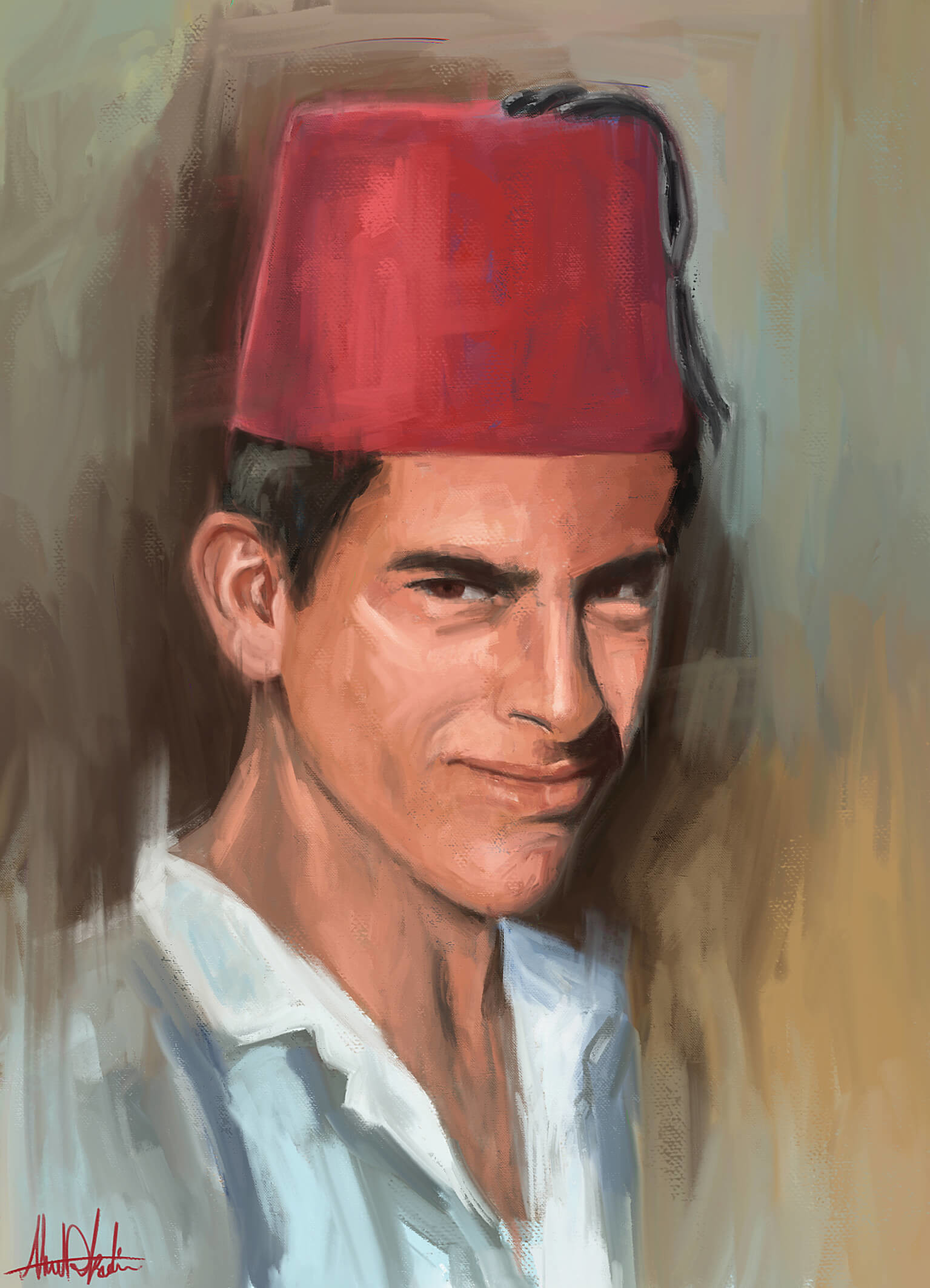 Artstation Painting Portrait Arab Man Wearing Traditional Red