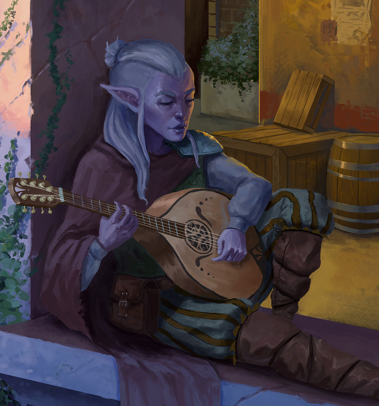 Dark Elf bard playing outside a tavern while some people enjoy his music. 