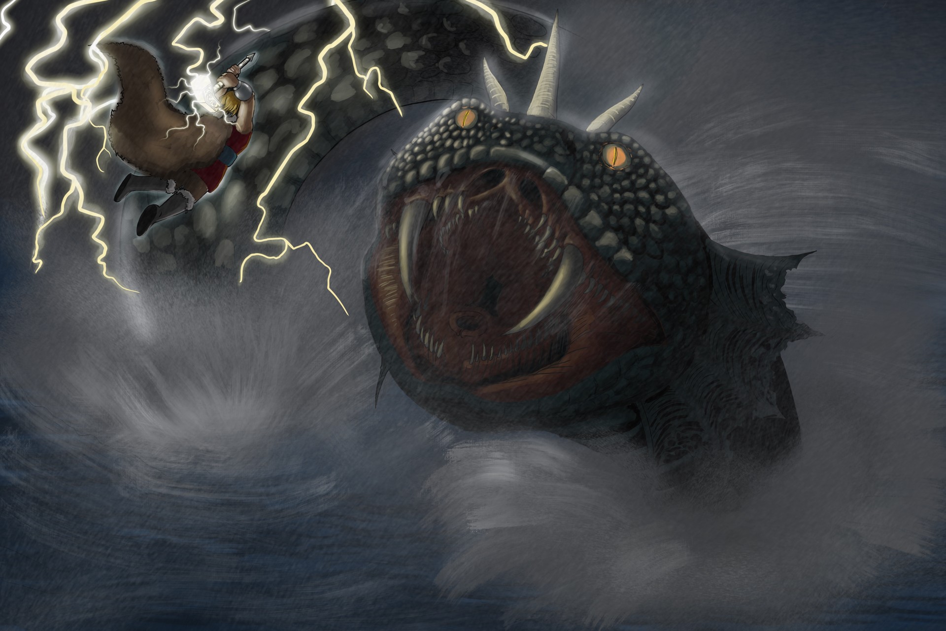 Thor battles Jormungandr, the World serpent.