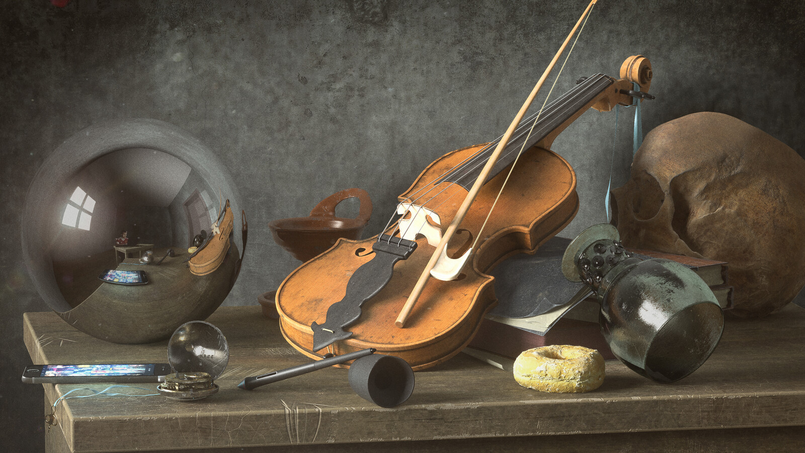 Vanitas with Violin and Glass Ball - Homage