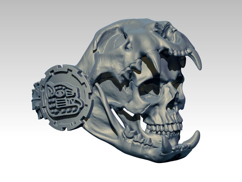 Aztec Jaguar Warrior Skull Ring