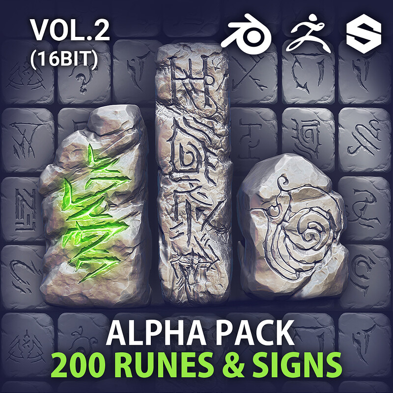  VOL. 2 - 200 Runes, Signs & Symbols (800 Alpha Textures)  Zbrush, Blender, Substance...