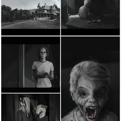 Key scenes produced for a horror theme storyboard - Speed painting + photobashing.