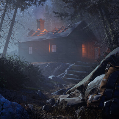 Hut in the snowy woods.