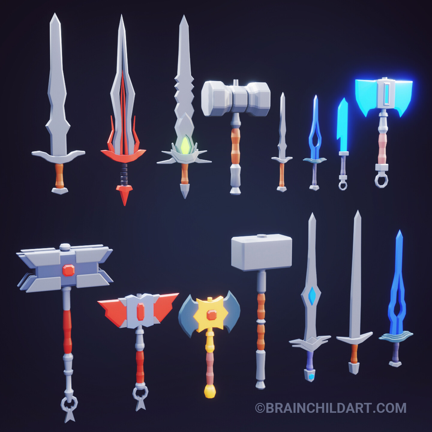 ArtStation (Full process) 24 Low Poly Weapons 3d Low Poly Sword