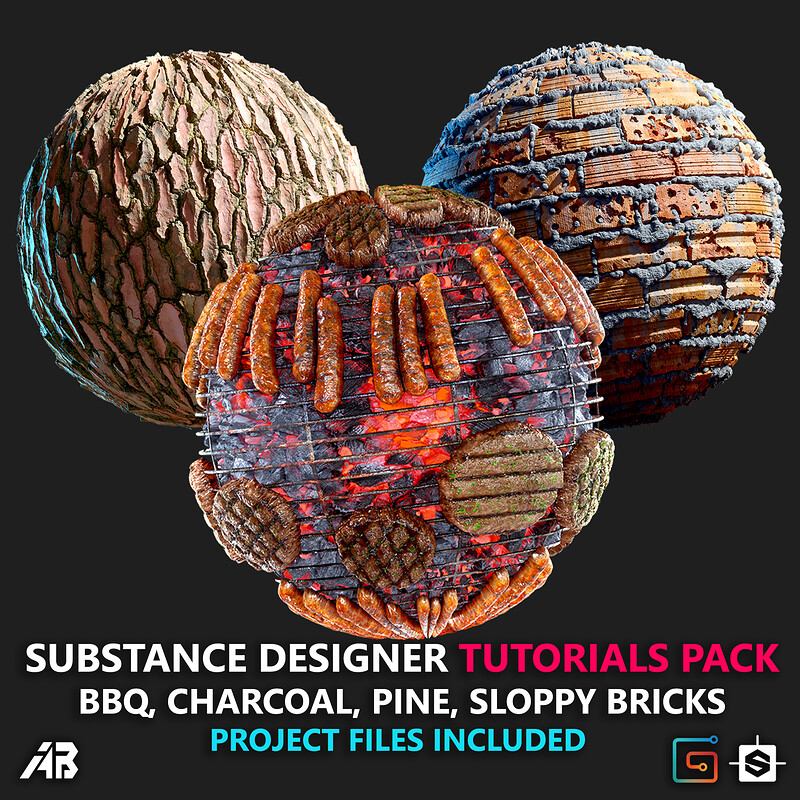 Substance Designer Pack - Pine, Sloppy Bricks, BBQ, Charcoal Creation