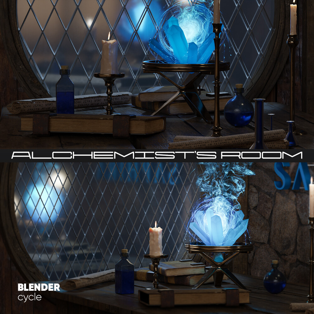 ArtStation Alchemist's room. Blender tutorial. Modeling, texturing
