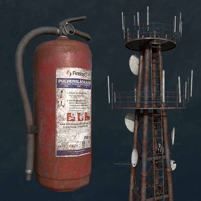 Tower and various props for an sandy industrial environment project.