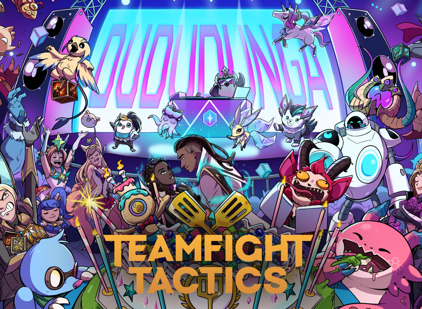 Digital artwork celebrating the 6th Anniversary of Teamfight Tactics with festive elements and vibrant characters.