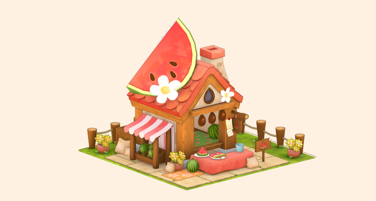 Watermelon Stall Lowpoly Game Asset