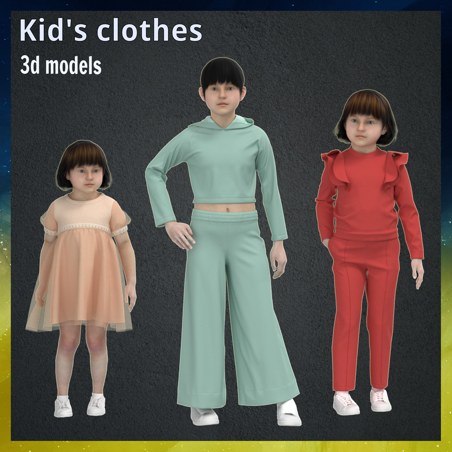 ArtStation Kid's clothes. 3d models. Big pack
