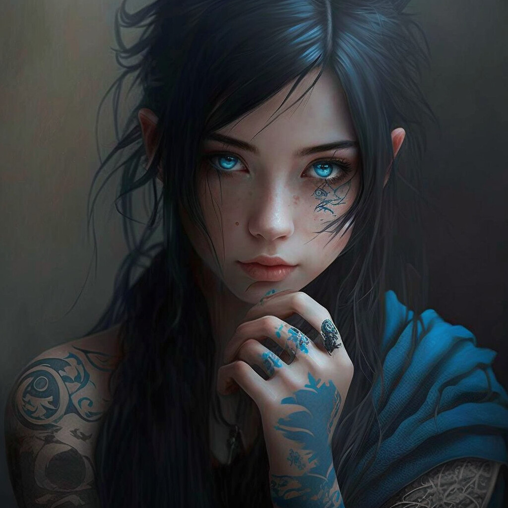 Artstation Black Hair Girl With Blue Eye And Tattooed