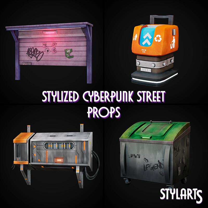 Stylized Cyberpunk Props and Animated Character in Props - UE Marketplace