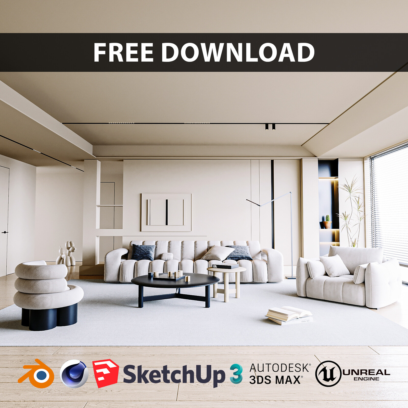 White Living Room ( Ureal Engine - Sketchup- 3Ds MAX - Blender - Cinema4D - FBX - OBJ )