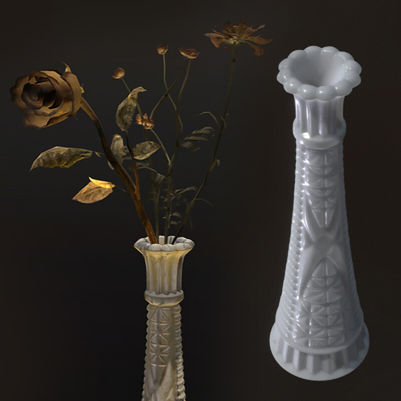 Dead Flowers in Milk Glass Vase - Hero Props