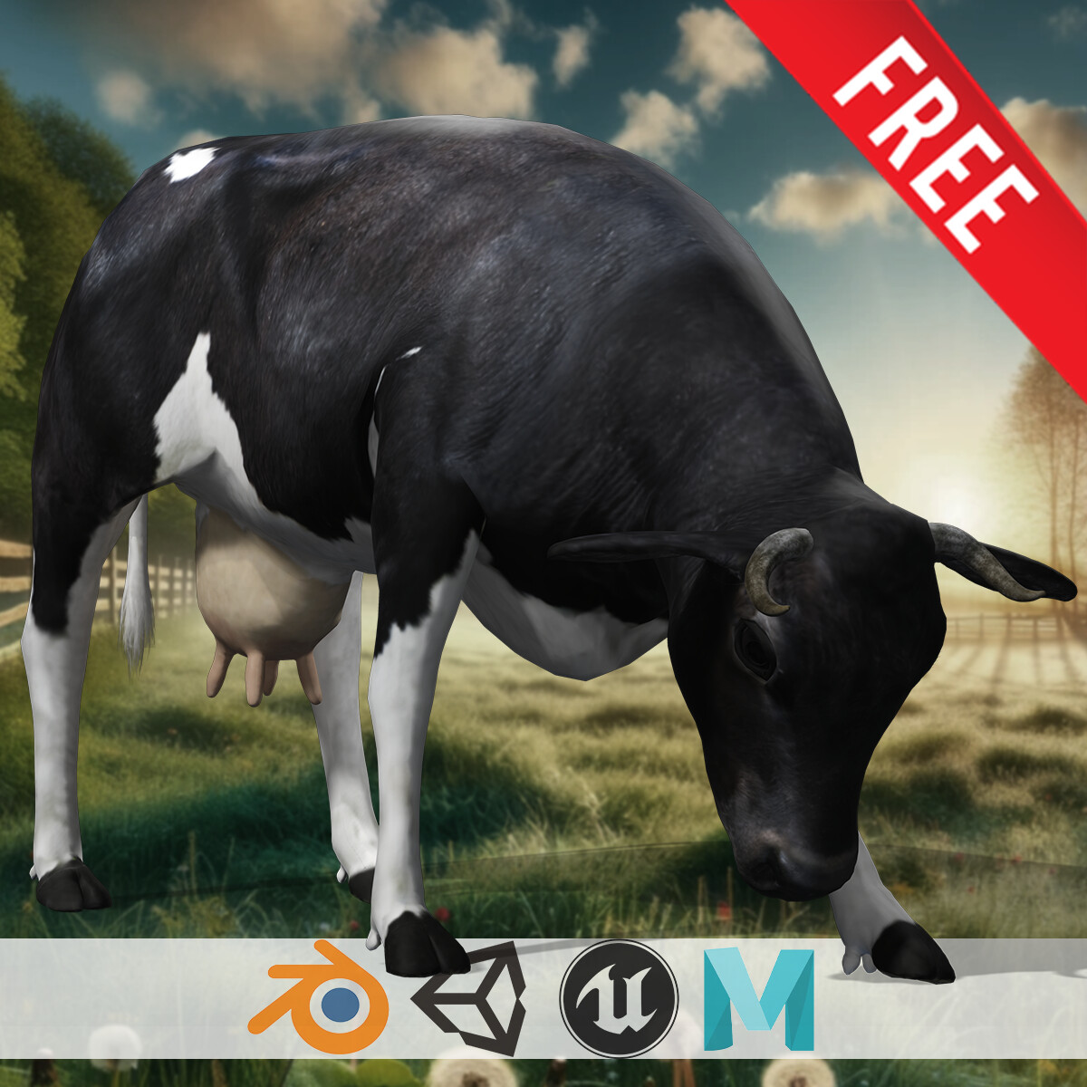 ArtStation Black and White Iconic Cow Free lowpoly 3D model