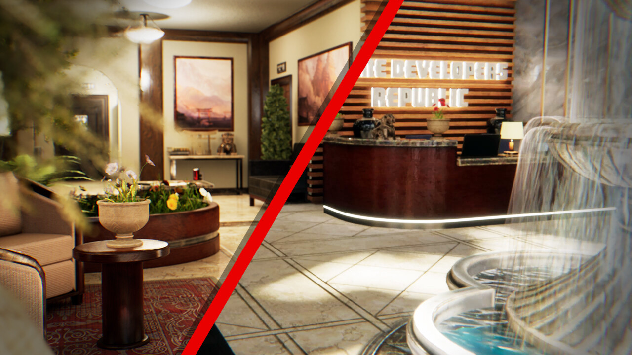 ArtStation - Unity Vs Unreal - Hotel Lobby Archviz - Lumen Vs HDRP Vs URP