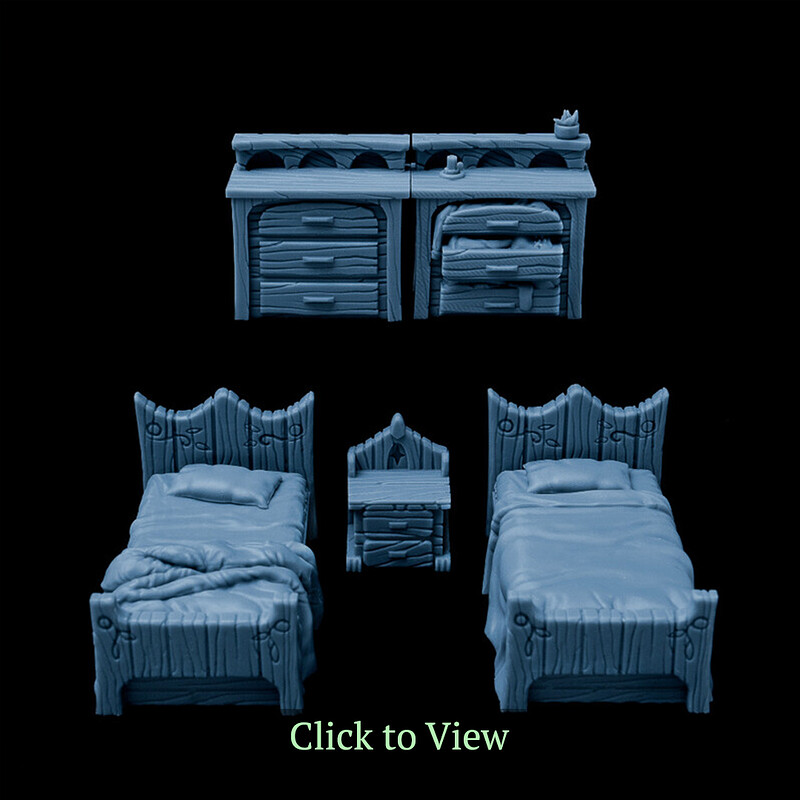 Fantasy Bed and Dresser - 3D Printable Minis for Tabletop Games