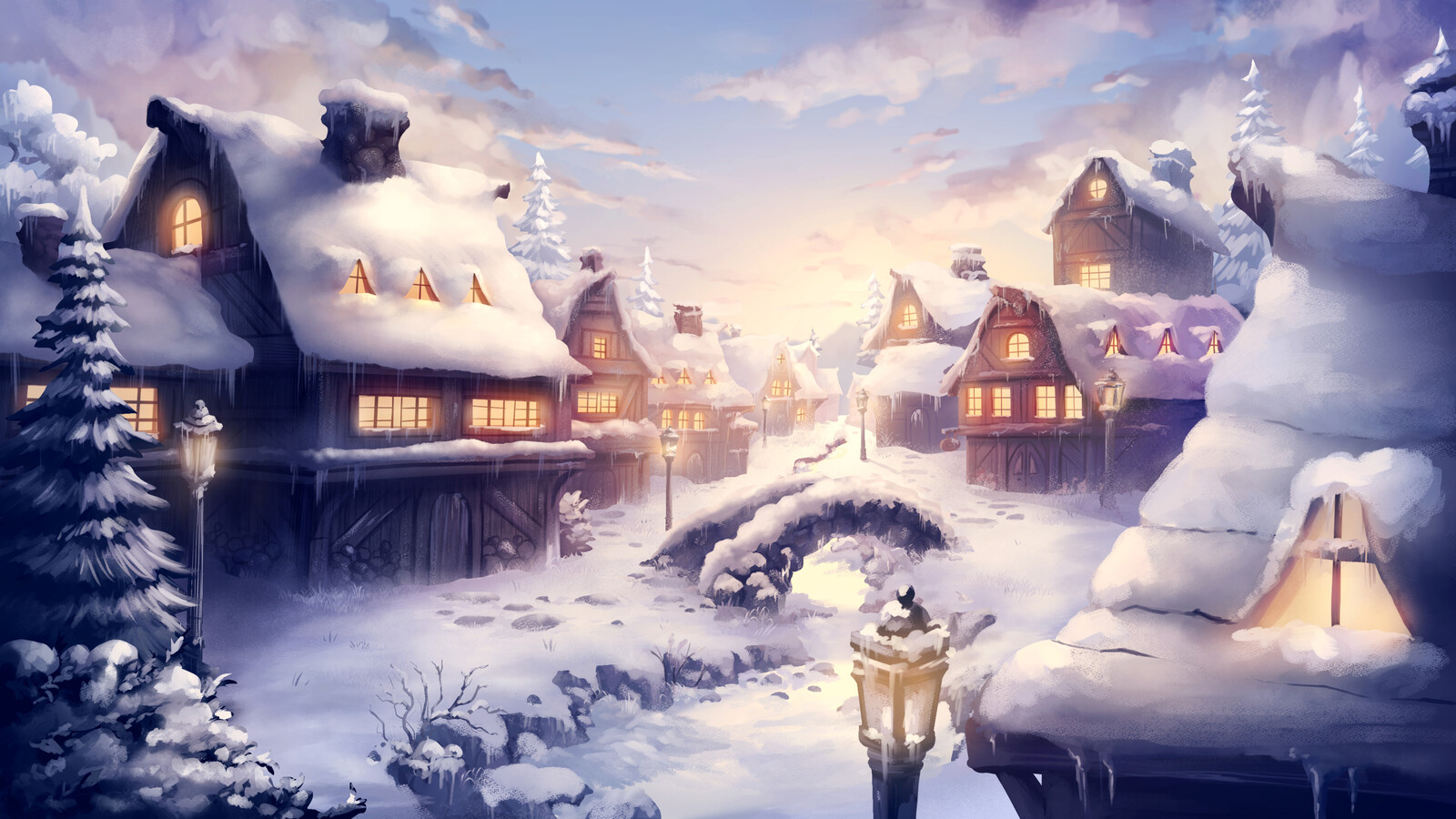 Snowy Village at Dawn