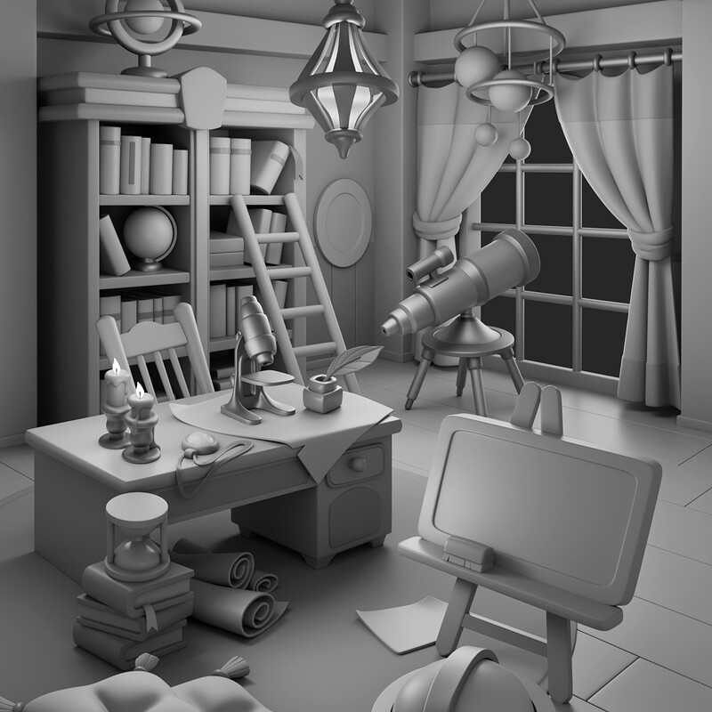 Toon Blast – Astronomer's Room (Grayscale Render)