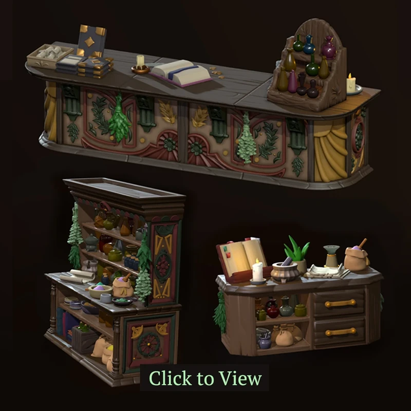 Apothecary Shelves & Furniture - 3D Printable Minis for Tabletop Games
