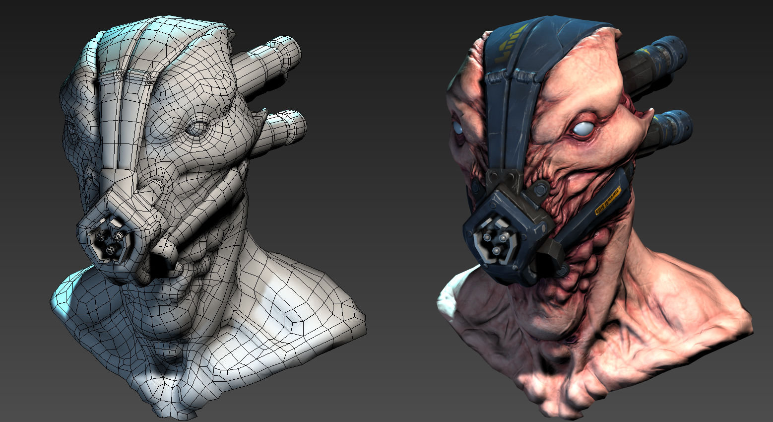 Alien Pilot head retopologized with viewport screengrab from 3dsmax.