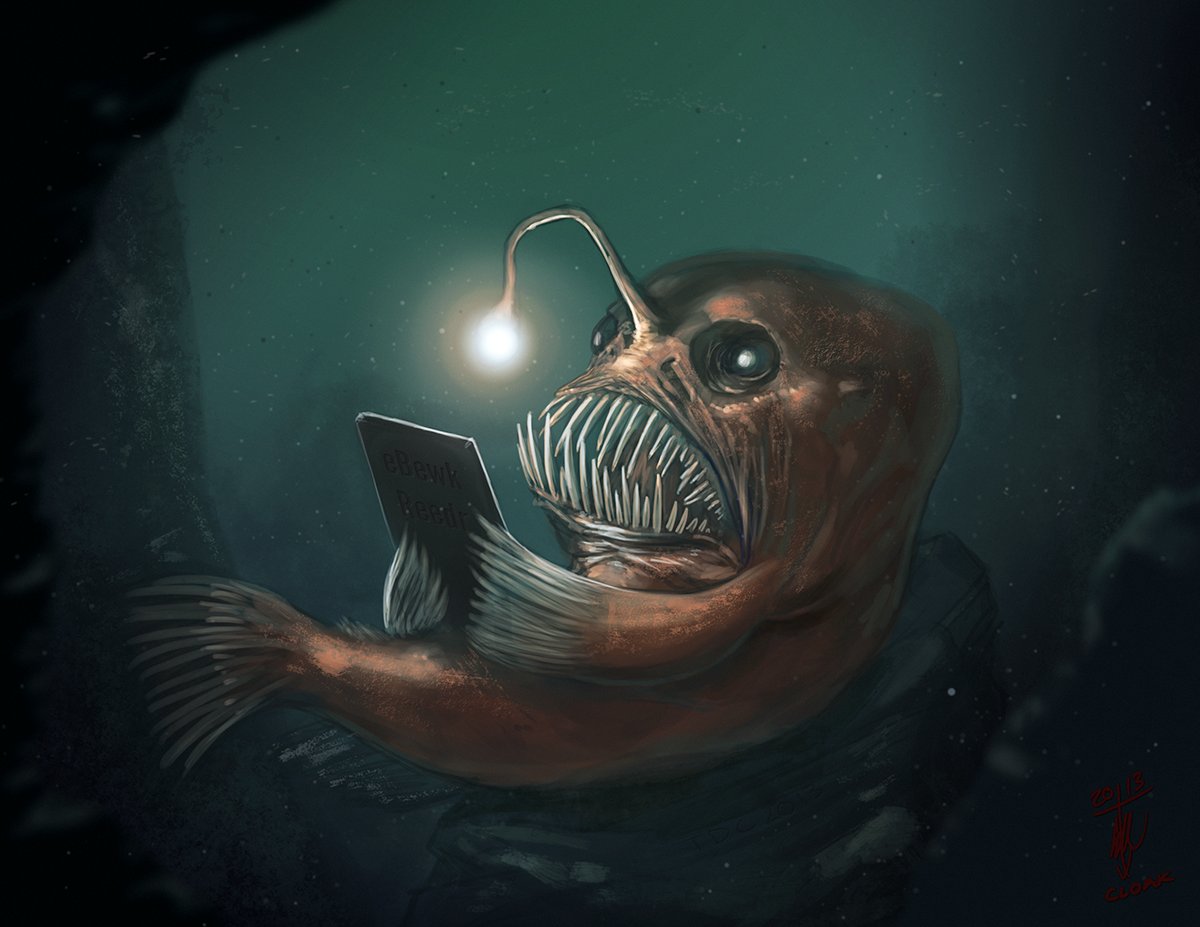 Sal Vador TheDarkCloak - Lanternfish reading an eBook. 