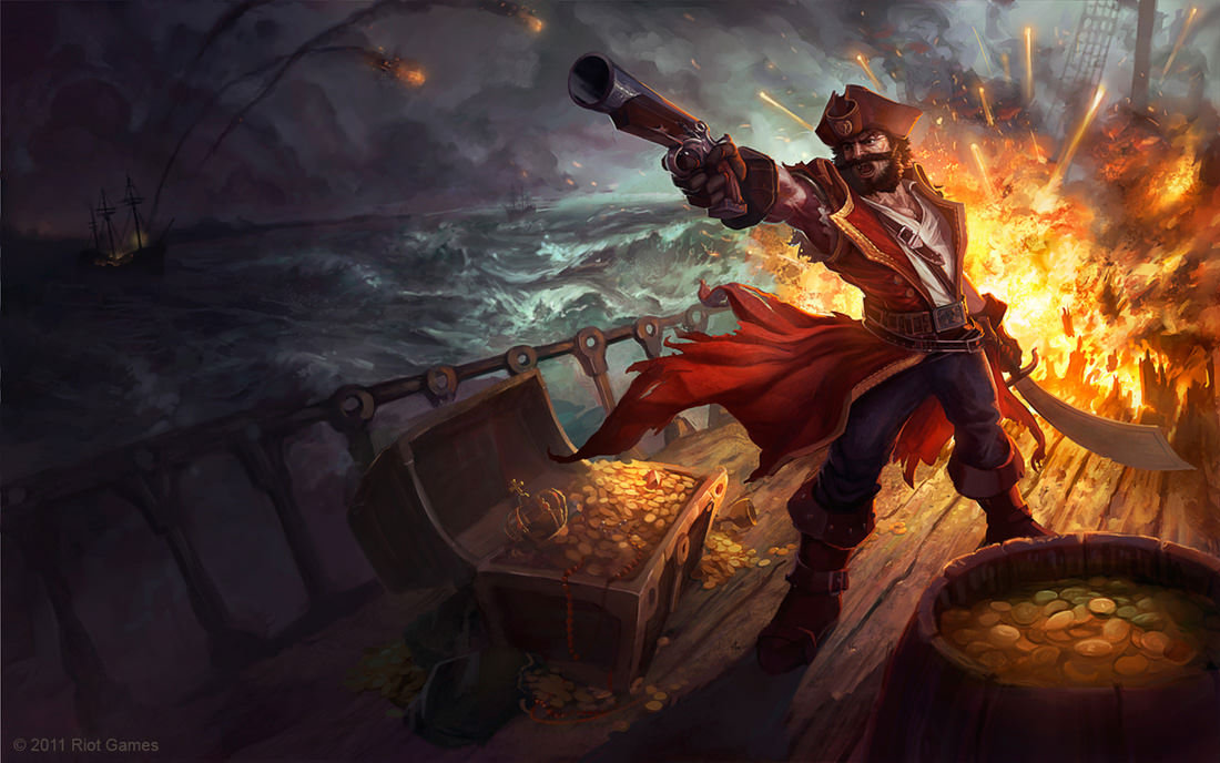 Splash Screen for Gangplank Redesign skin, done in tandem with Alex Konstad and Jon Neimeister.  (c) 2011 Riot Games