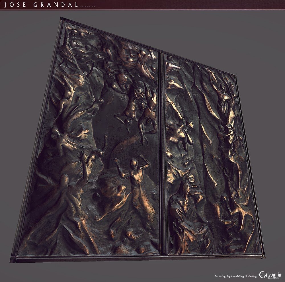 The process of texturing here: http://jgrandal.blogspot.com.es/2014/02/castlevania-lords-of-shadow-2-mural.html