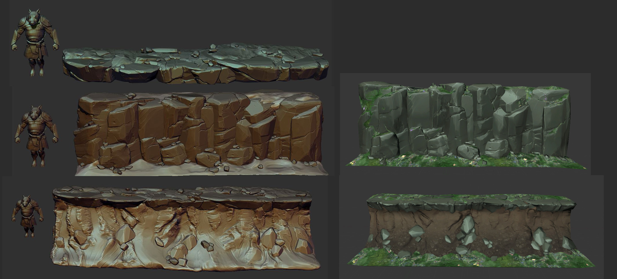 Left, Zbrush sculpts, Right Modo rendered sculptures with procedural shaders + low poly. No photoshop.