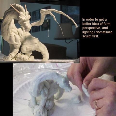 In order to get a better idea of form, perspective, and lighting I sometimes sculpt first. 