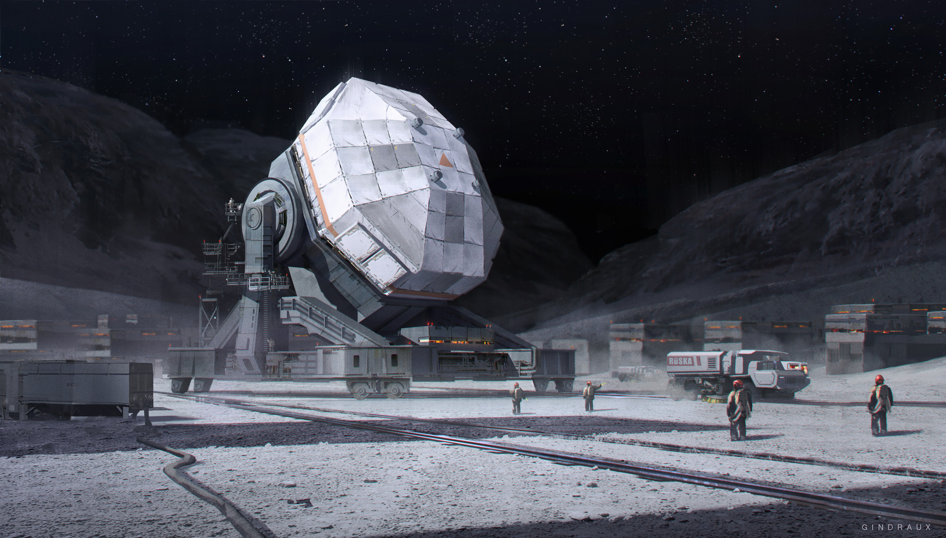Научная фантастика 6 букв. Nick Gindraux. Космическая база Sci Fi концепт. Лунная база будущего концепт арт. Город на Луне.