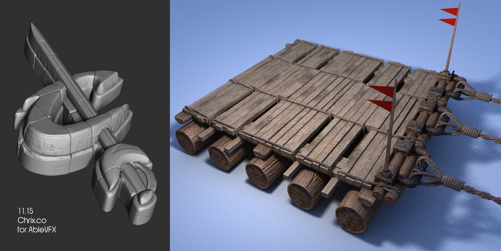 The objects needed to be set up for Lightwave, so zBrush models were exported for use with displacement maps.  Modeling was done in zbrush, and texturing was done in Substance