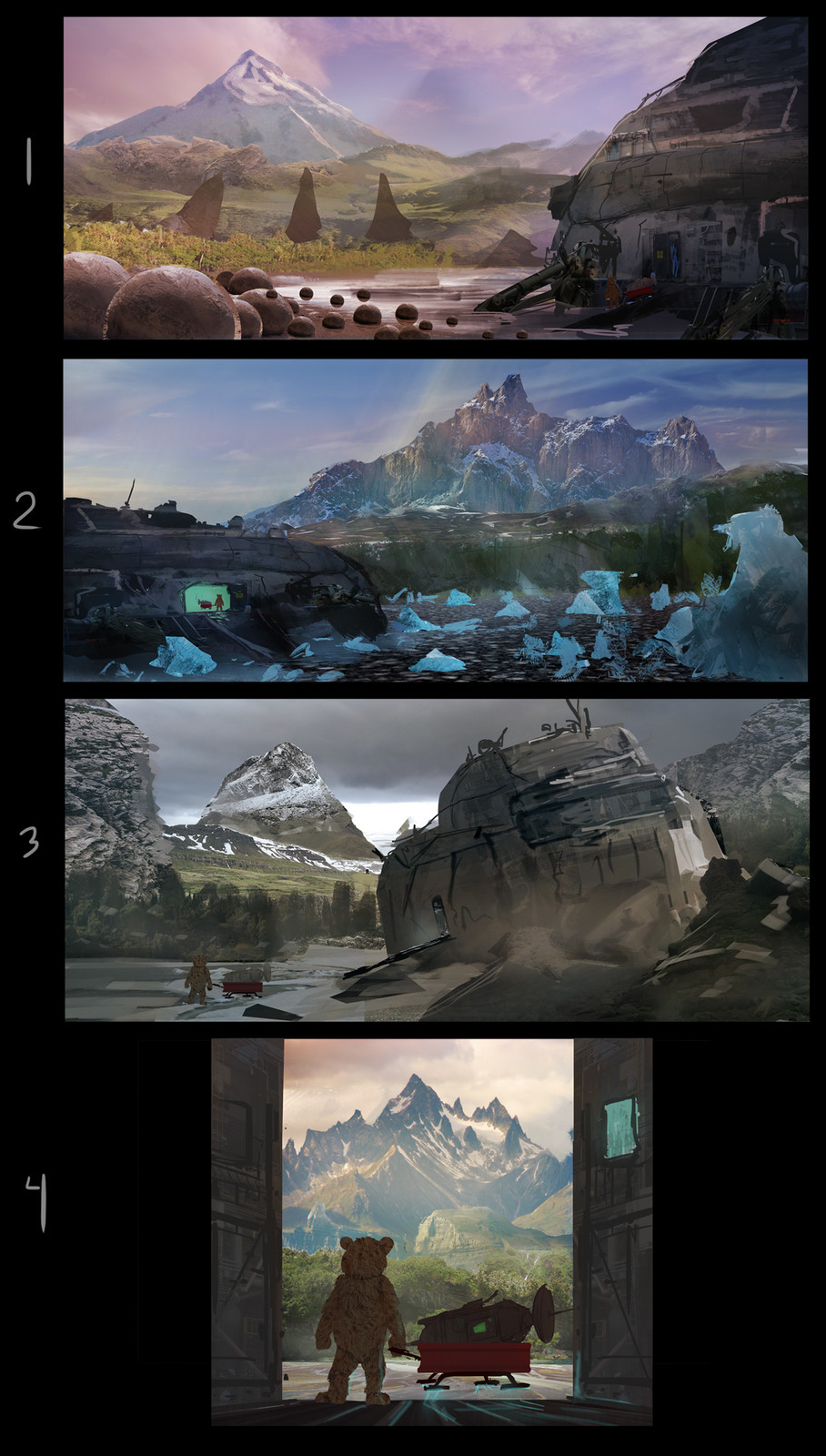 Color sketches. We went with a combination of 1 and 2 for the final image.