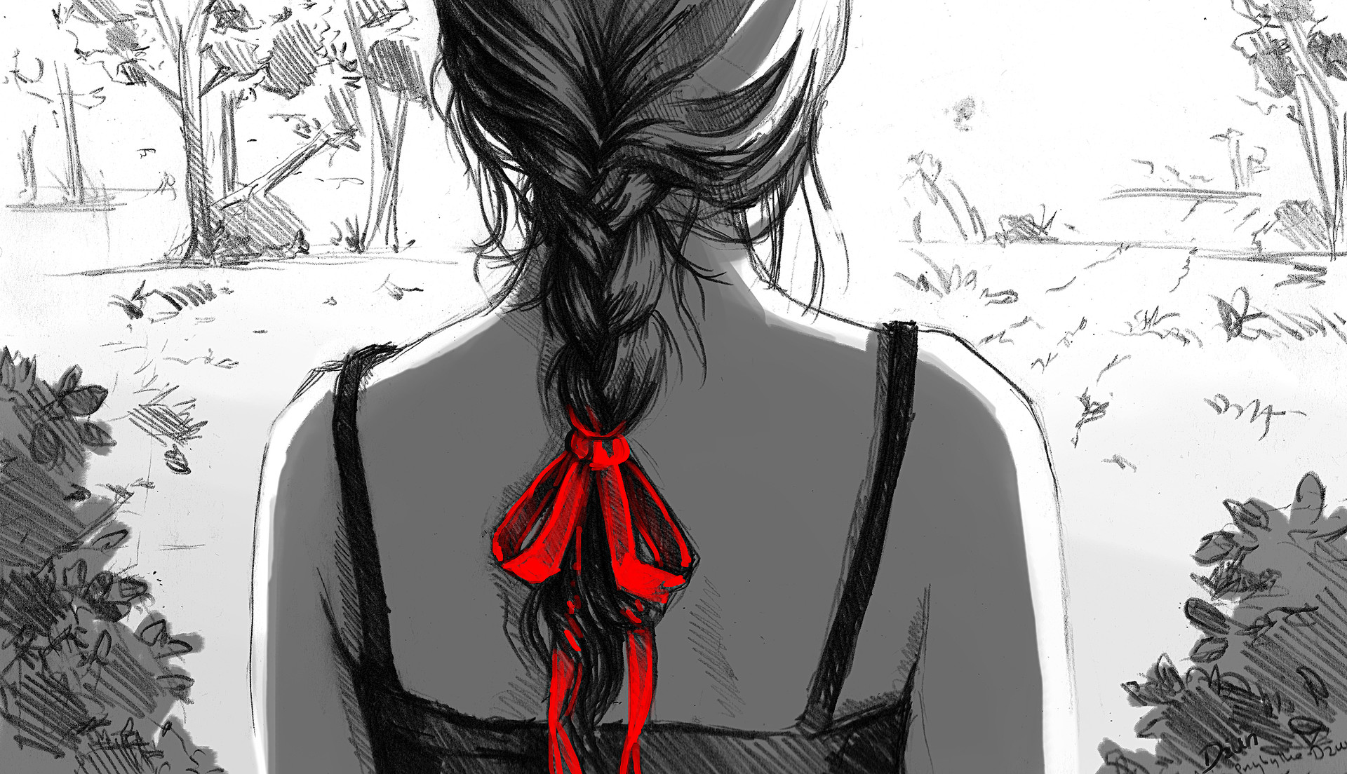Девушка черно белое фото рисунок Ania Przybylko - Girl with Hair Braid