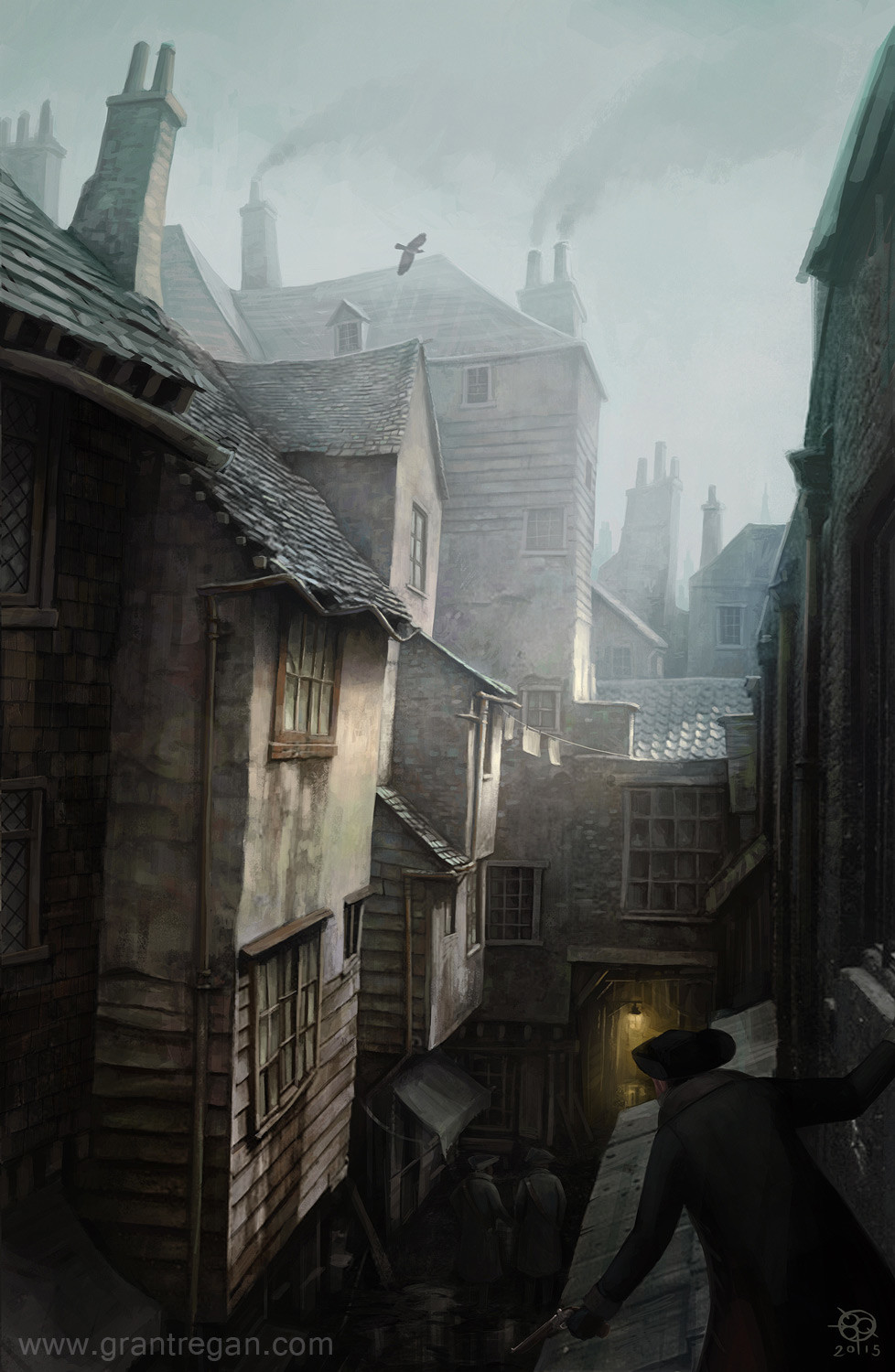 in shadows: a blackguard with a gun on a roof, watching two unsuspecting victims