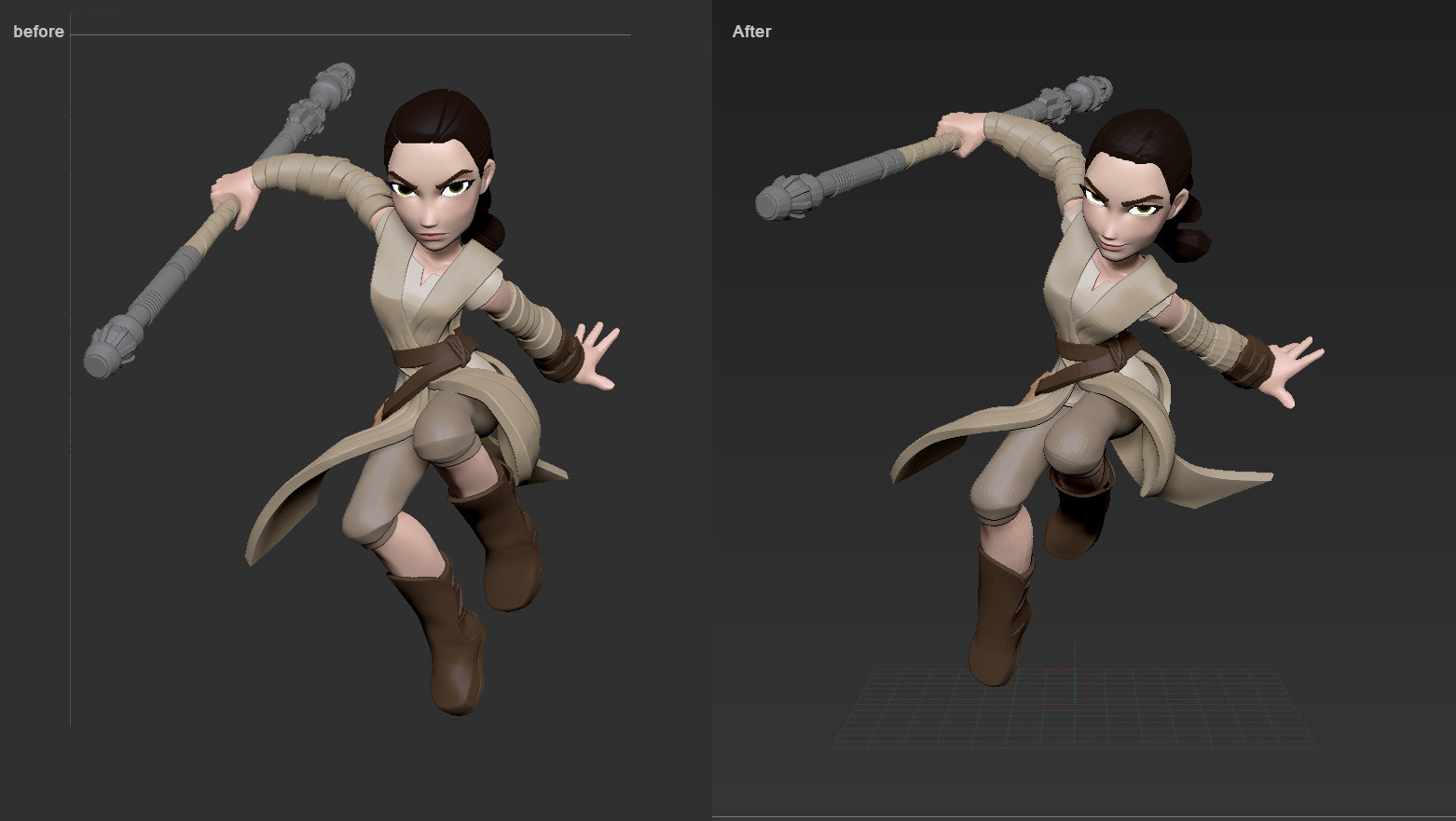 Left - Outsourced Zbrush pose, Right - Adjustments I made in Zbrush