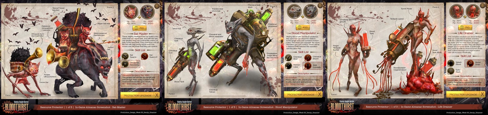 Vampiric creature designs and skills.