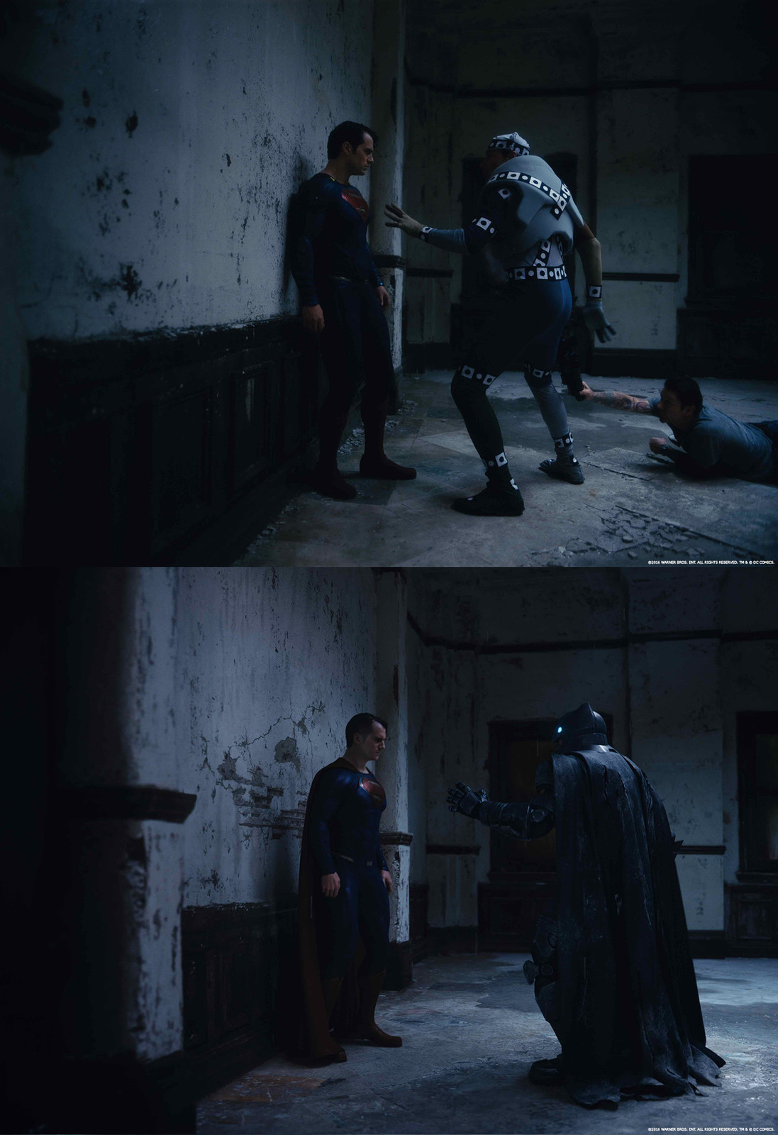 Here's a before/after of the work we did at MPC.  Both characters are full CG.  I was responsible for Look Development/Shading on Batman.  Shot Lighting by Lorenzo Serran.