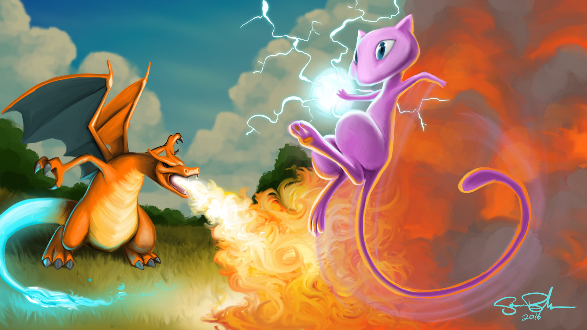 ArtStation - Pokémon Battle - Charizard vs Mew