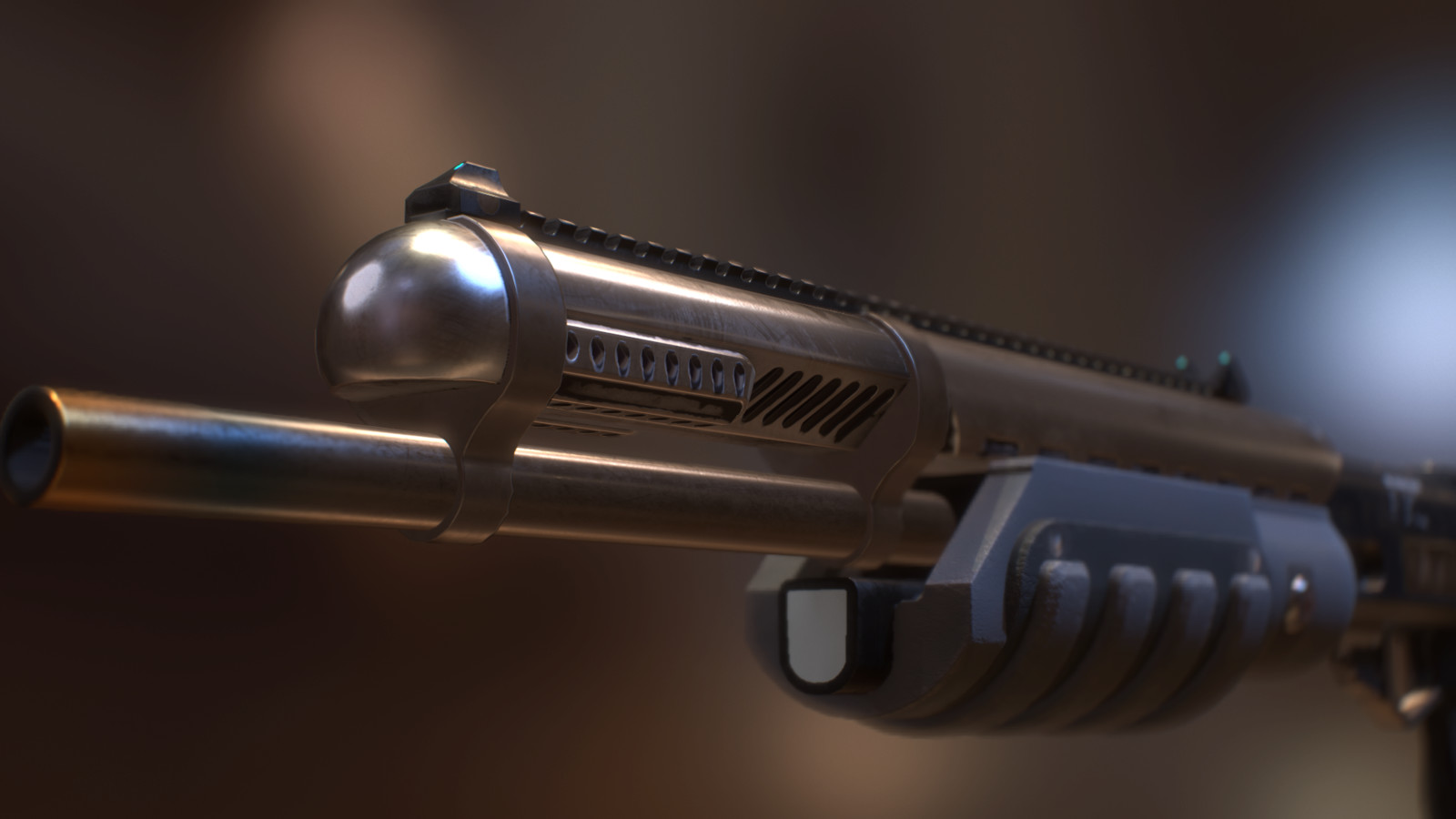 I wanted it to look a bit meaner than the average sci fi gun asset, and that meant sacrificing authenticity for cool points like this dirty, heat-warped barrel and the black stuff (soot?) dripping from the gastube thing. Or is it the magazine? Who am I?