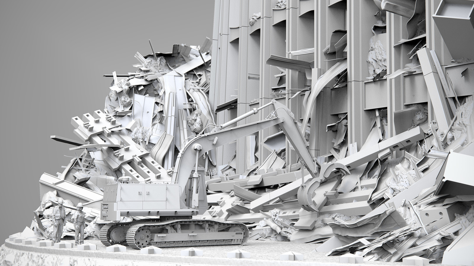 I only made the rubble in this image and set up the render.