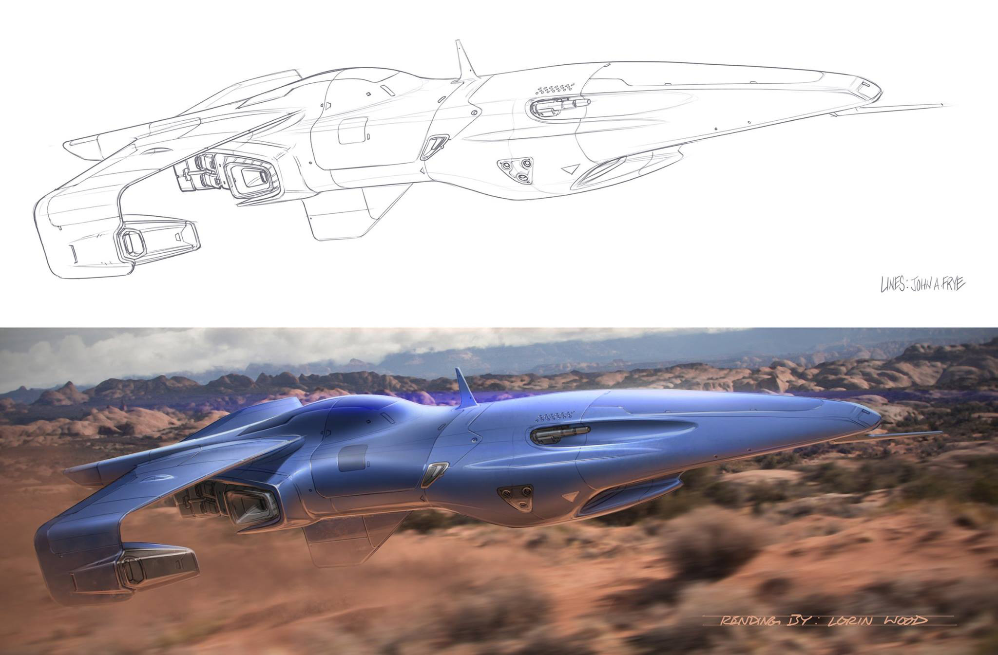 The Lorin Wood swap. My line drawing, digital work and Lorin's color concept- a deep chrome reflecting the blur of sagebrush on a low level pass over a desert and a dark blue zenith sky. https://www.artstation.com/artist/lwoodesign