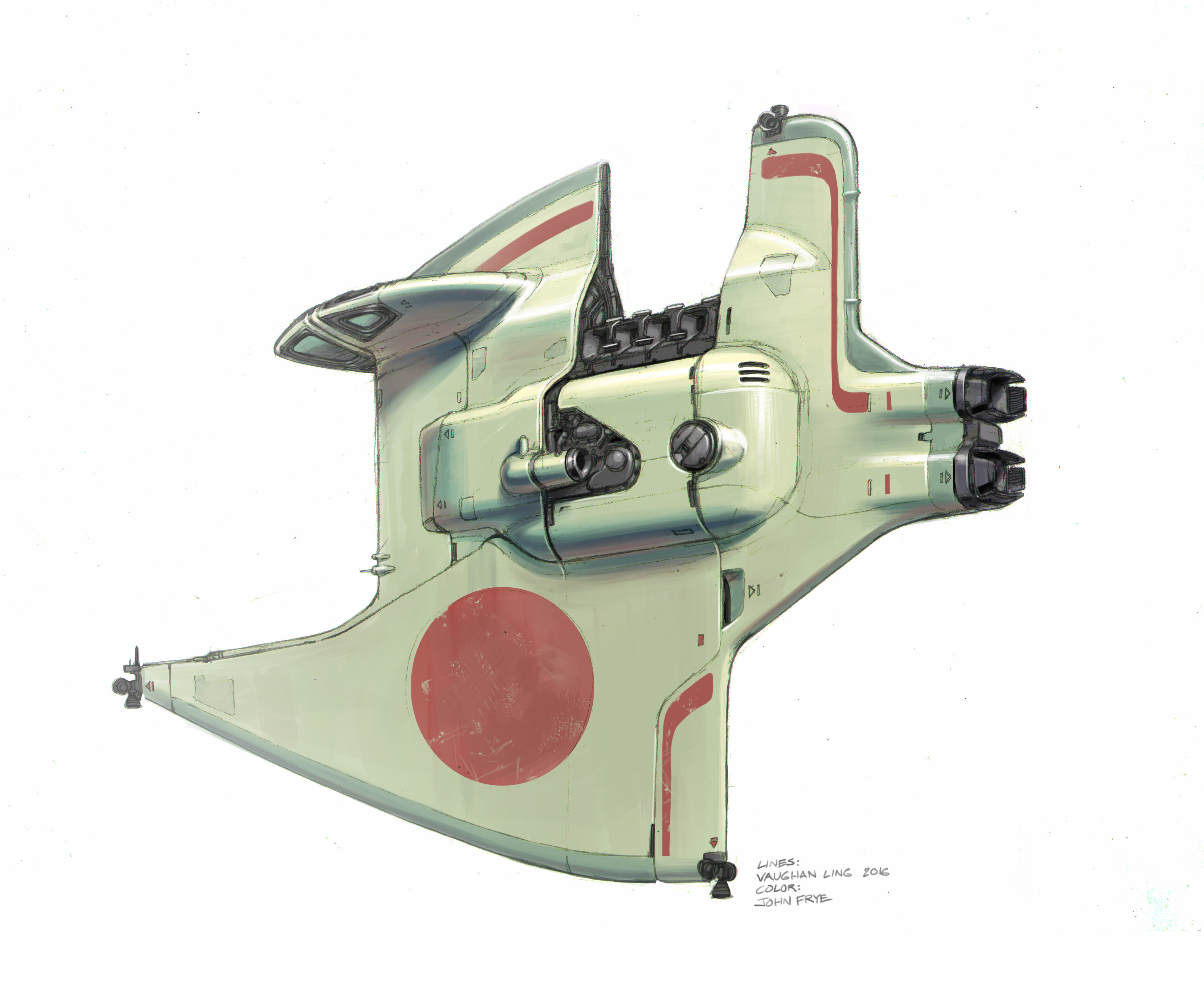 Colored up! I referenced WWII Japanese fighter colors. 