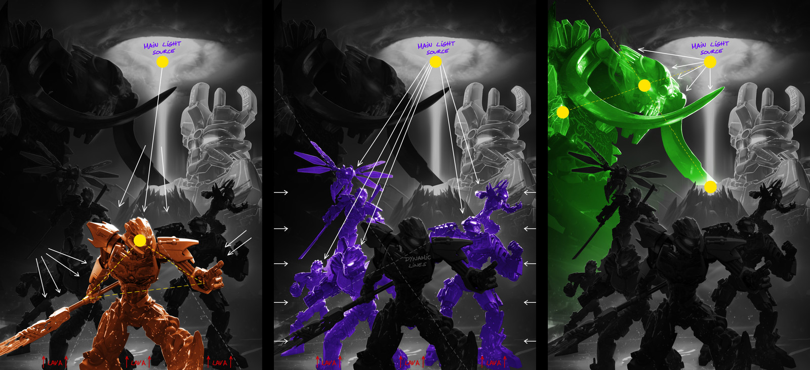 The image ended up being divided in three depth layers with their own lighting setup and story to tell. Each has between 7 and 15 different lights, including or excluding specific elements.