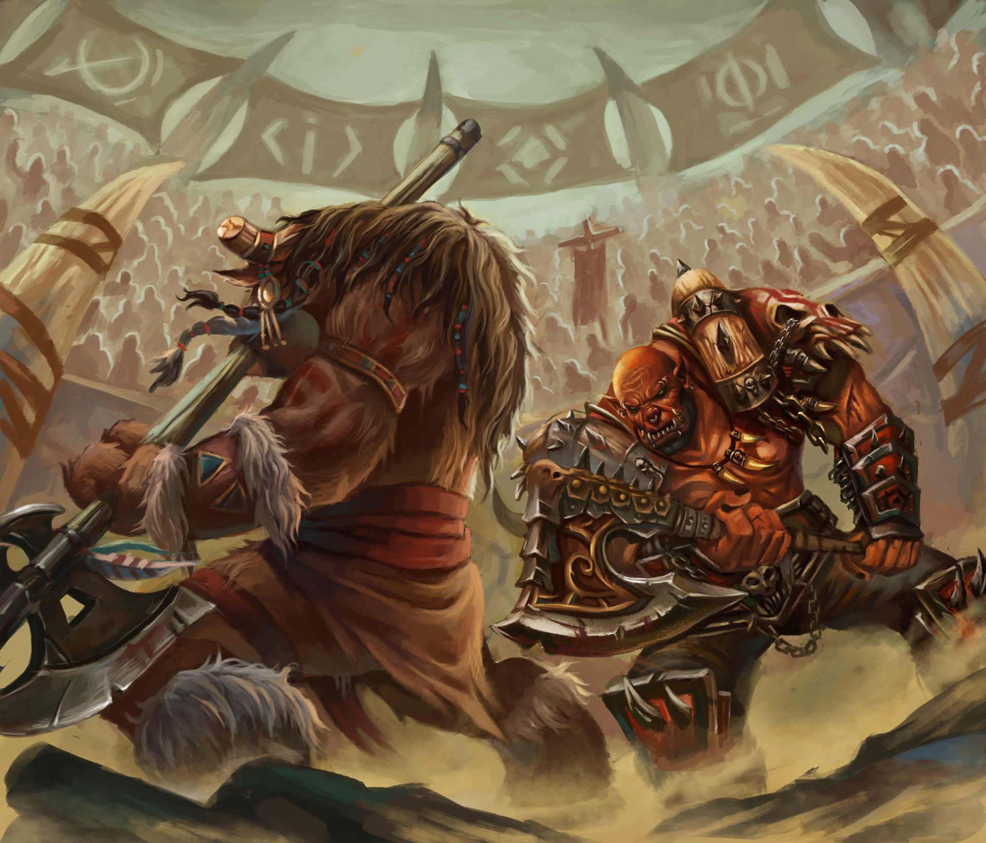 Cairne Bloodhoof and Hellscream finally a bruising battle, the painting was...