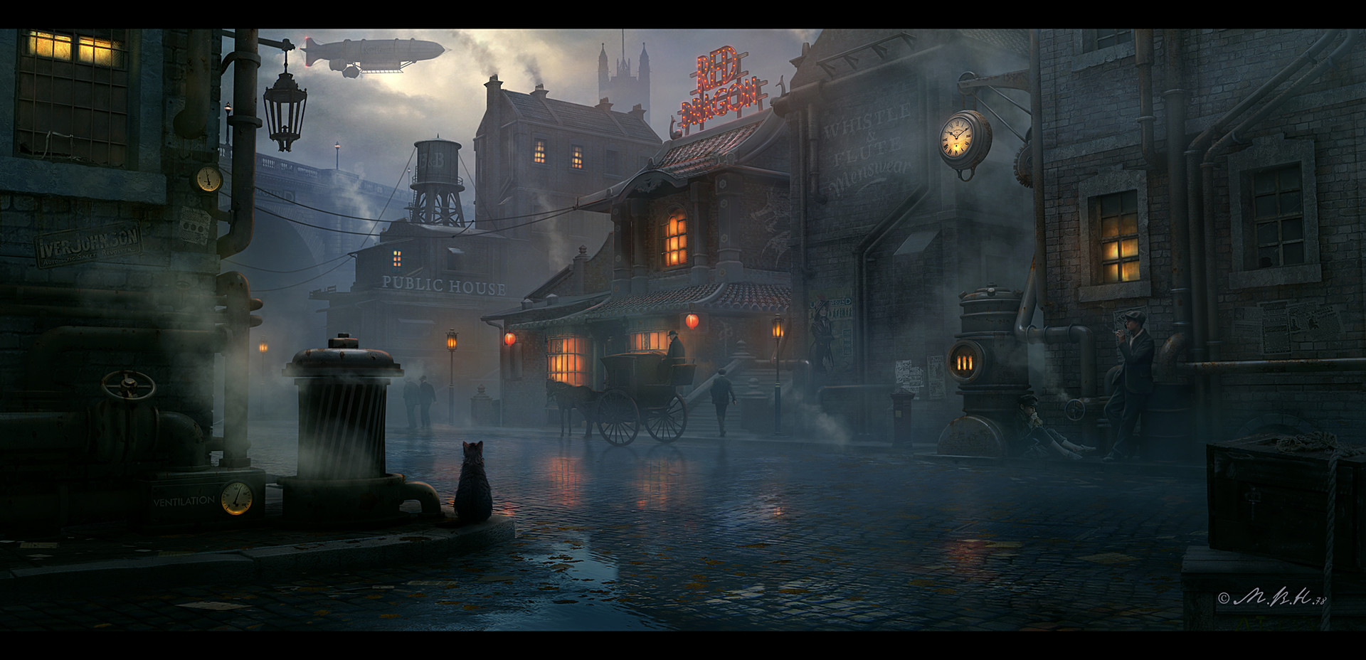 Artstation Steampunk Town Red Dragon Vladimir Manyukhin Most of buildings have windows and doors, but doors won't open or has bricks blocking the path. artstation steampunk town red dragon