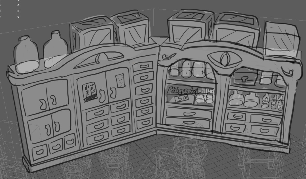 Shelf concept. I wanted to capture the feel of a traditional chinese medicine shop, with lots of little drawers of herbs, combined with the all-seeing eye motif