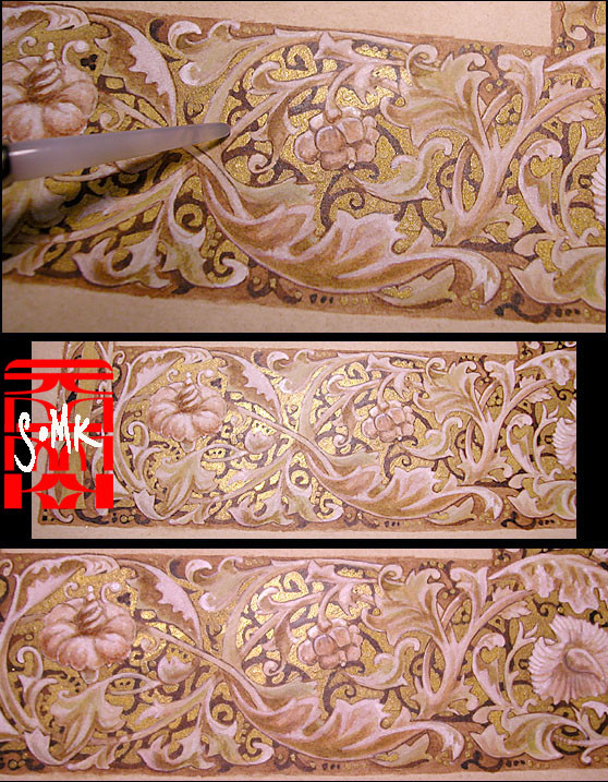 Different tilt and views of the gold powder before and after burnishing